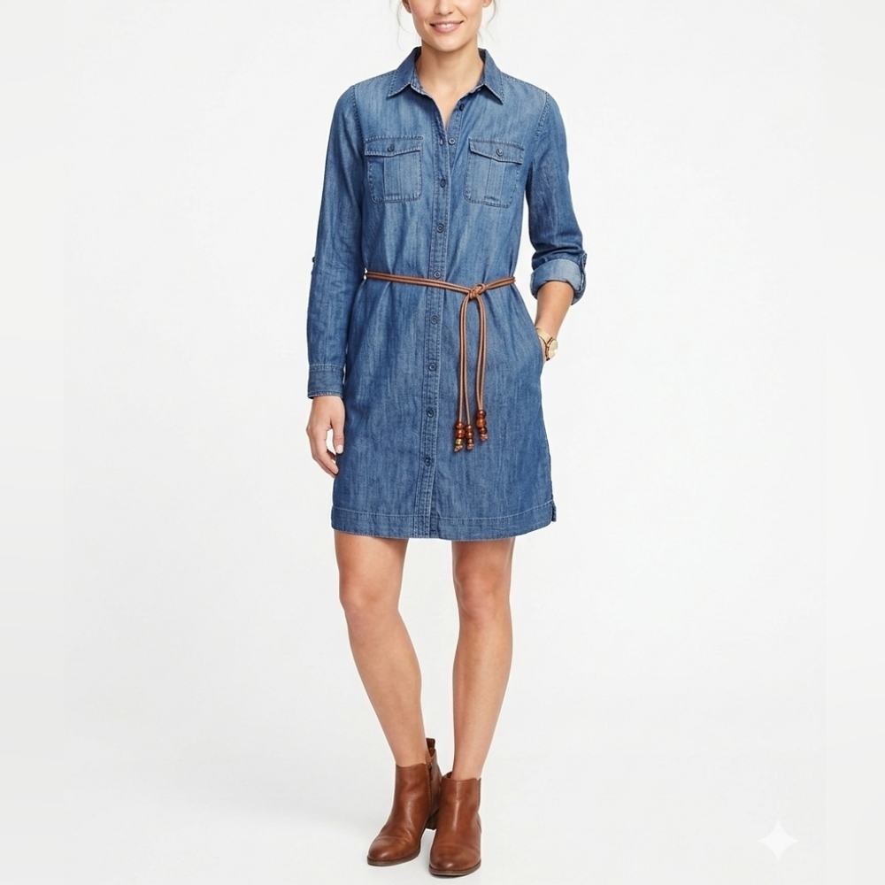 LOFT Denim Chambray Shirt Dress Size 2 + BONUS Beaded Belt